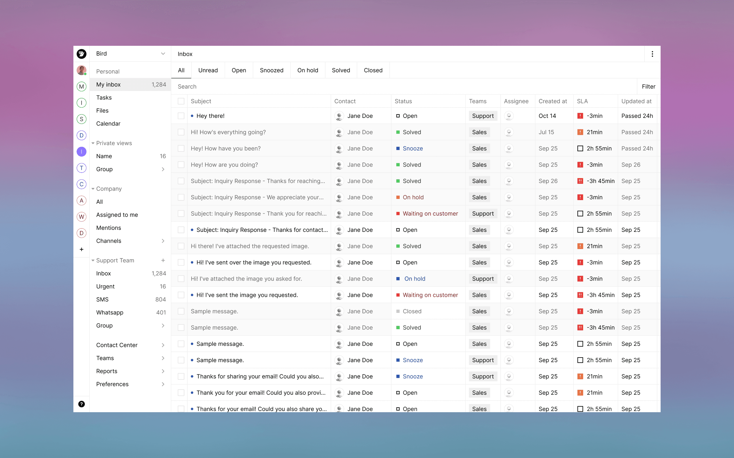 Bird Inbox dashboard wyświetlający zorganizowaną skrzynkę odbiorczą z różnymi kolumnami, w tym temat, status, przydzielony użytkownik i data.