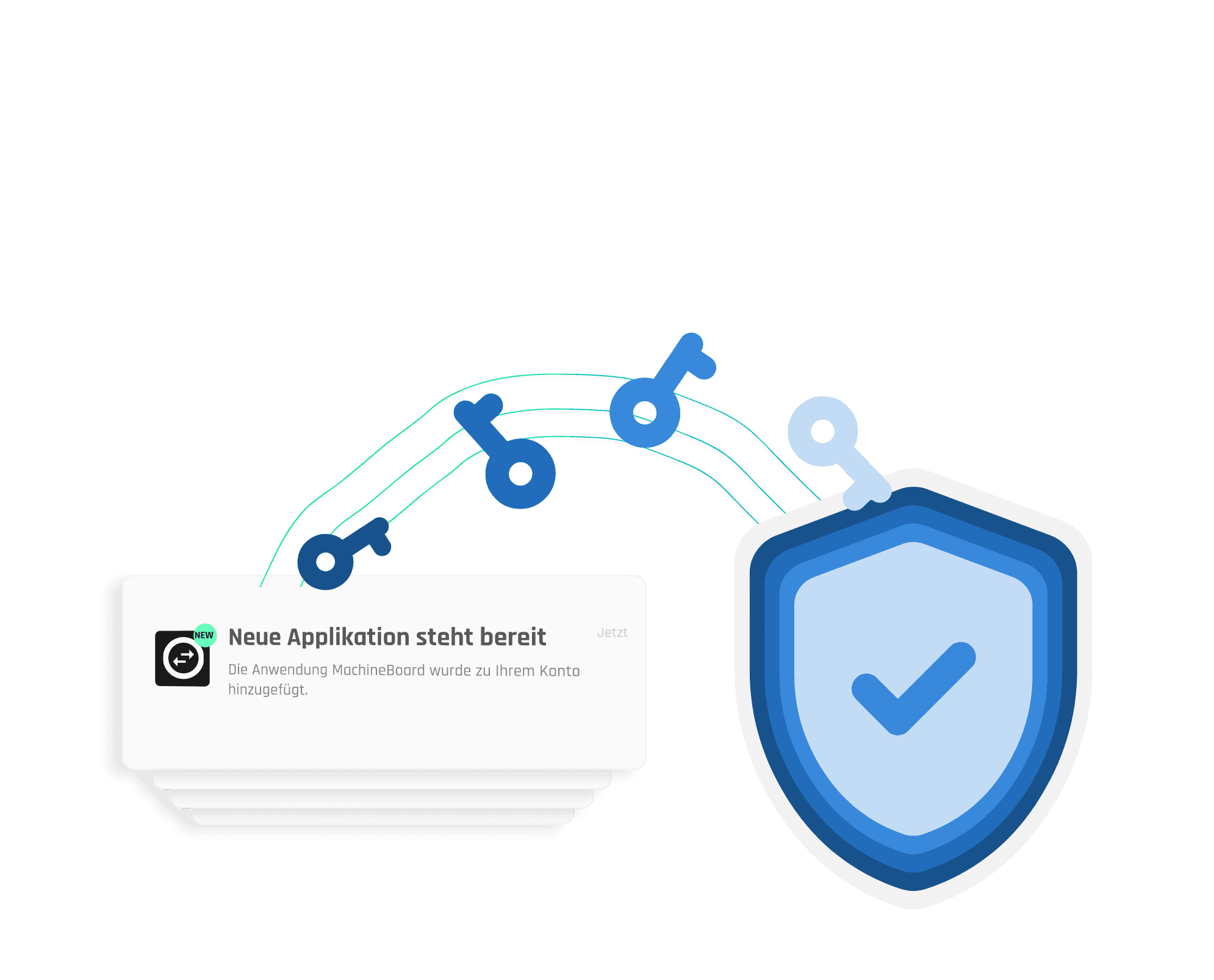 An illustration of keys transitioning from the application setup to a blue shield with a checkmark to explain individual user consent for each app from tapio and tapio partners.