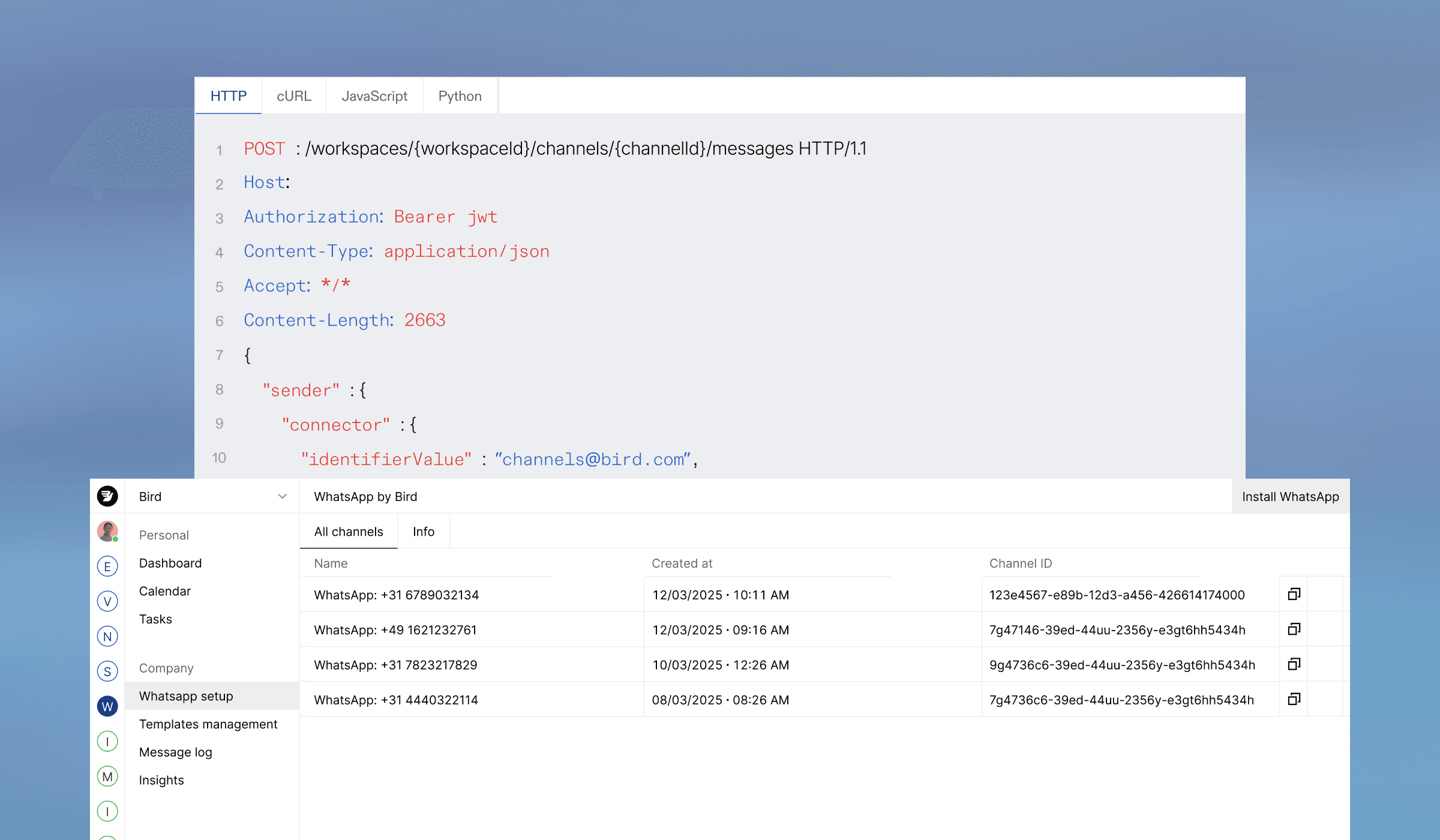 A code snippet demonstrates a WhatsApp API integration with a dashboard showcasing messaging details.