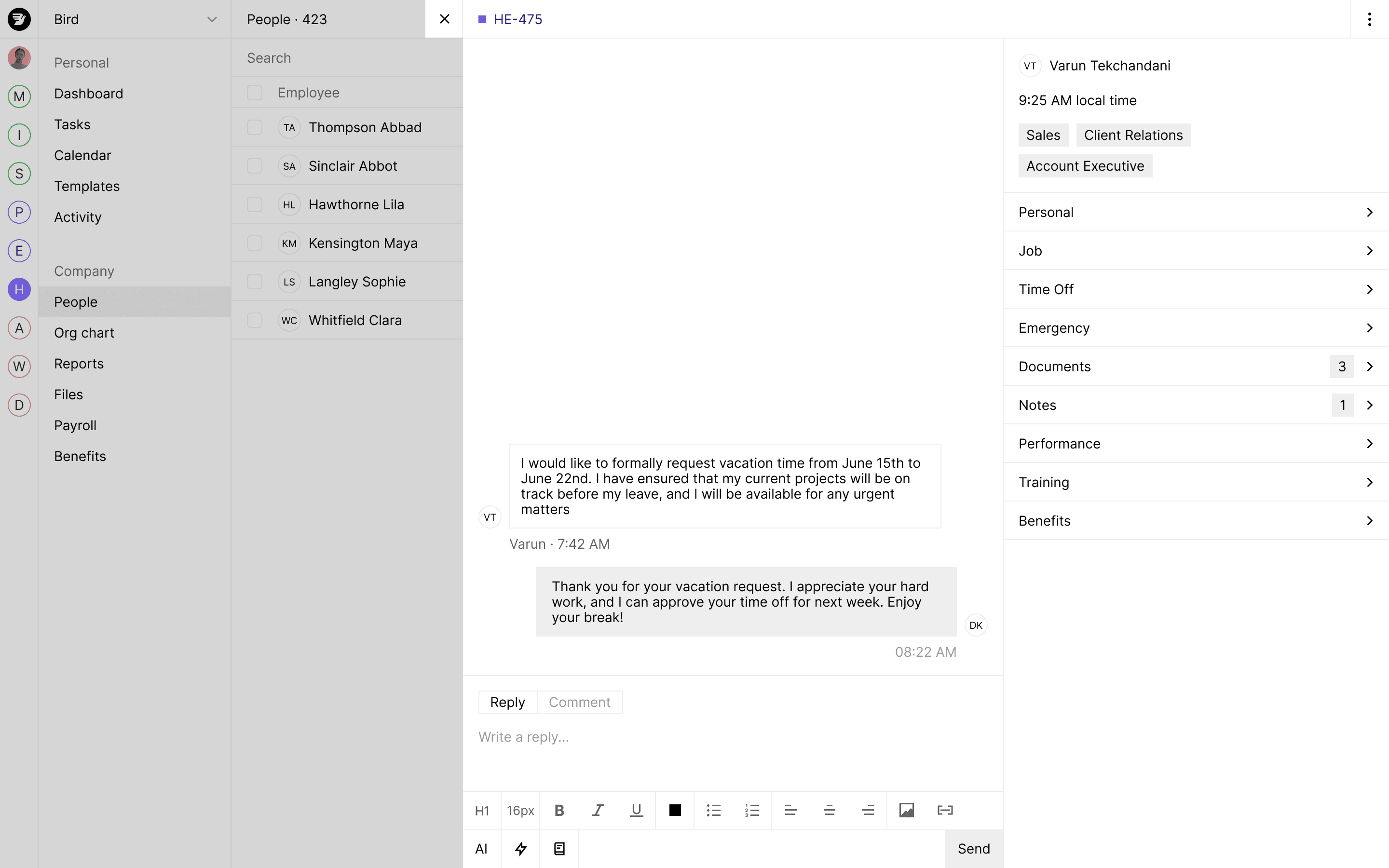 HR management interface with employee directory and vacation request features