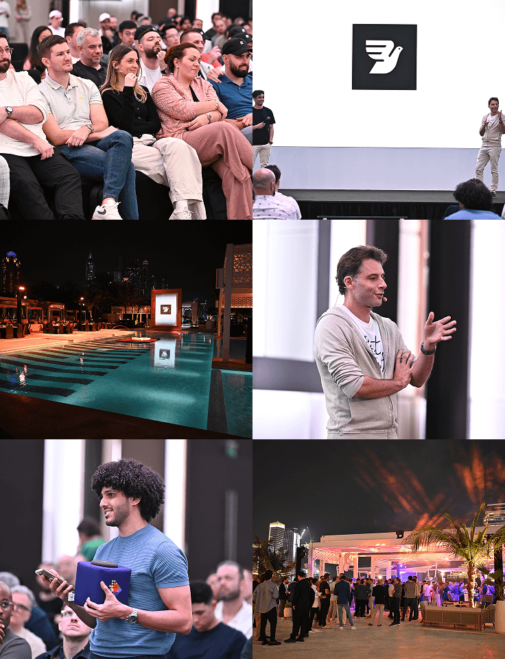 Collage of Bird company event in Dubai showing presentation with Bird logo, audience members, speakers on stage, networking moments.