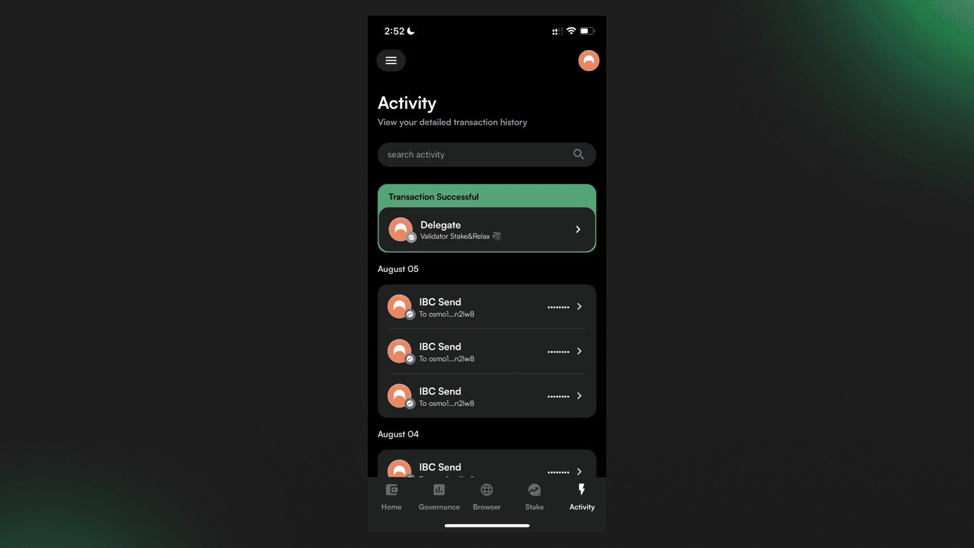 ARCH stake successfully using Leap Wallet Mobile App