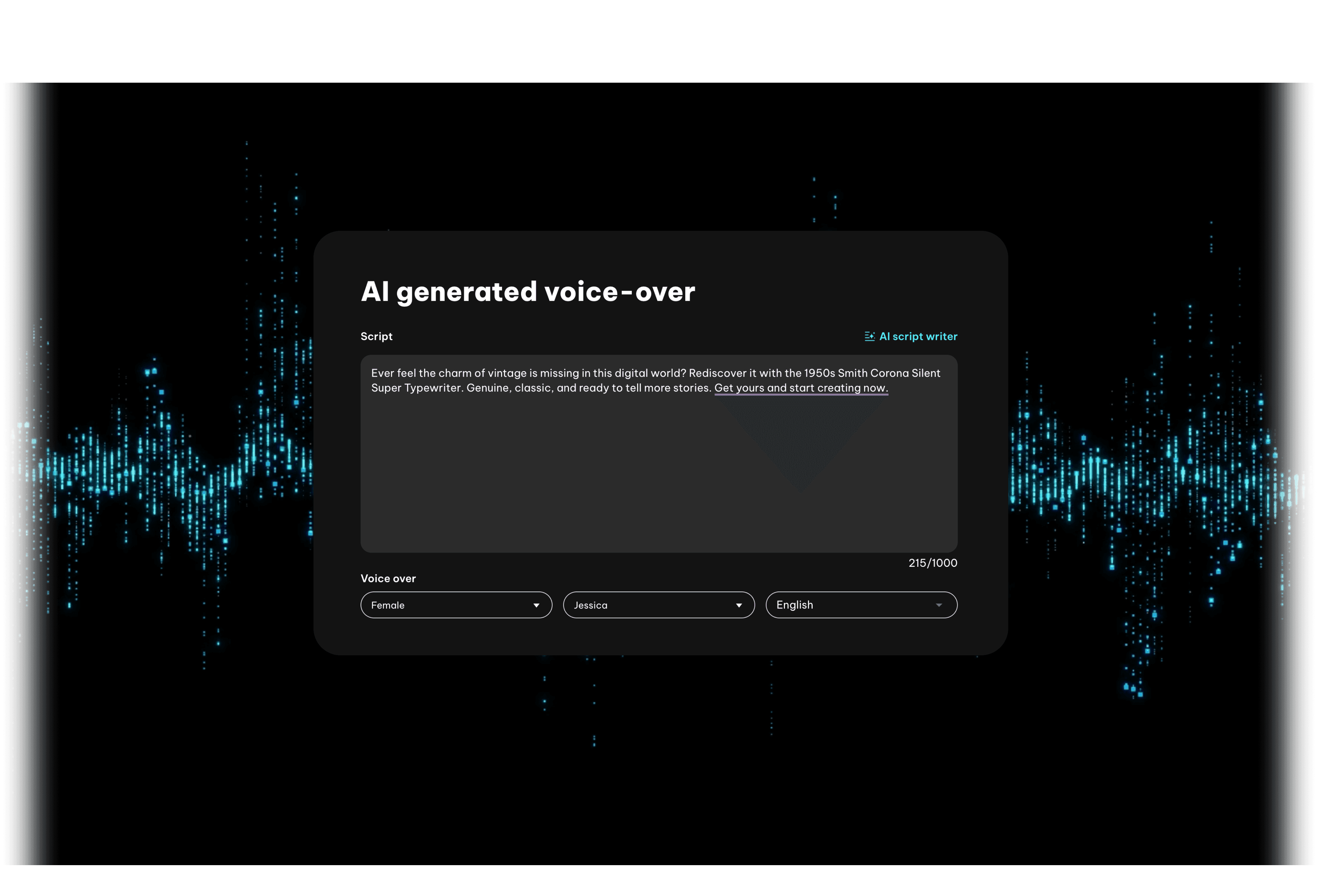 Uma imagem em escala de cinza da interface do usuário da ferramenta "AI-generated voice-over" do Creatify e um bg de áudio em escala azul.