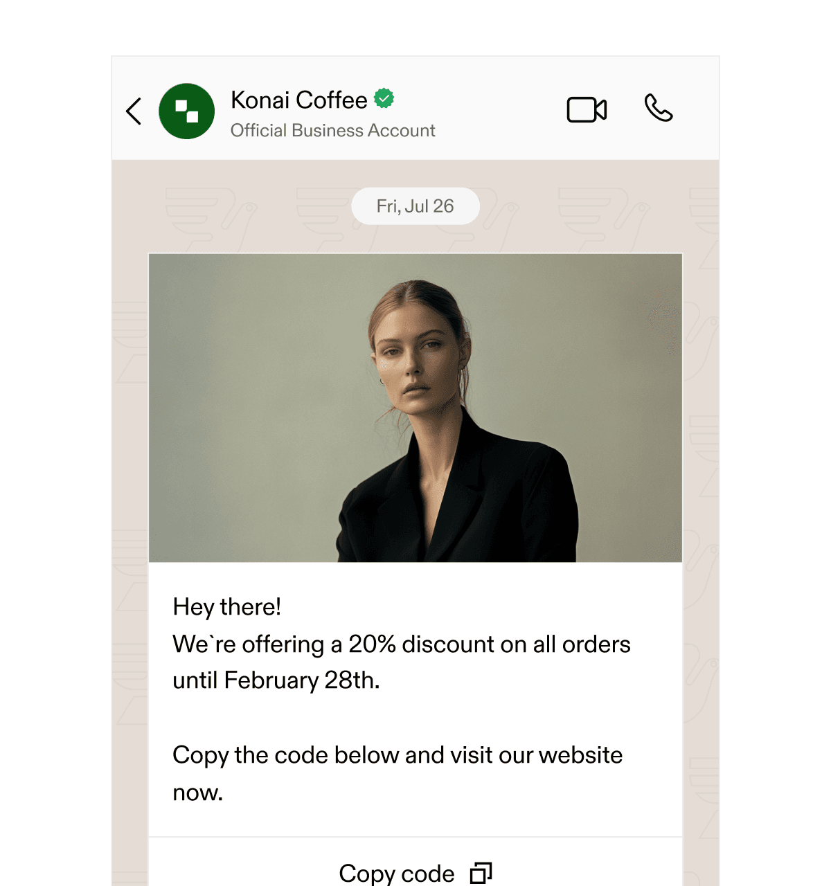 来自Konai Coffee的WhatsApp营销信息，提供20%折扣，附上一张代码用于个性化活动。