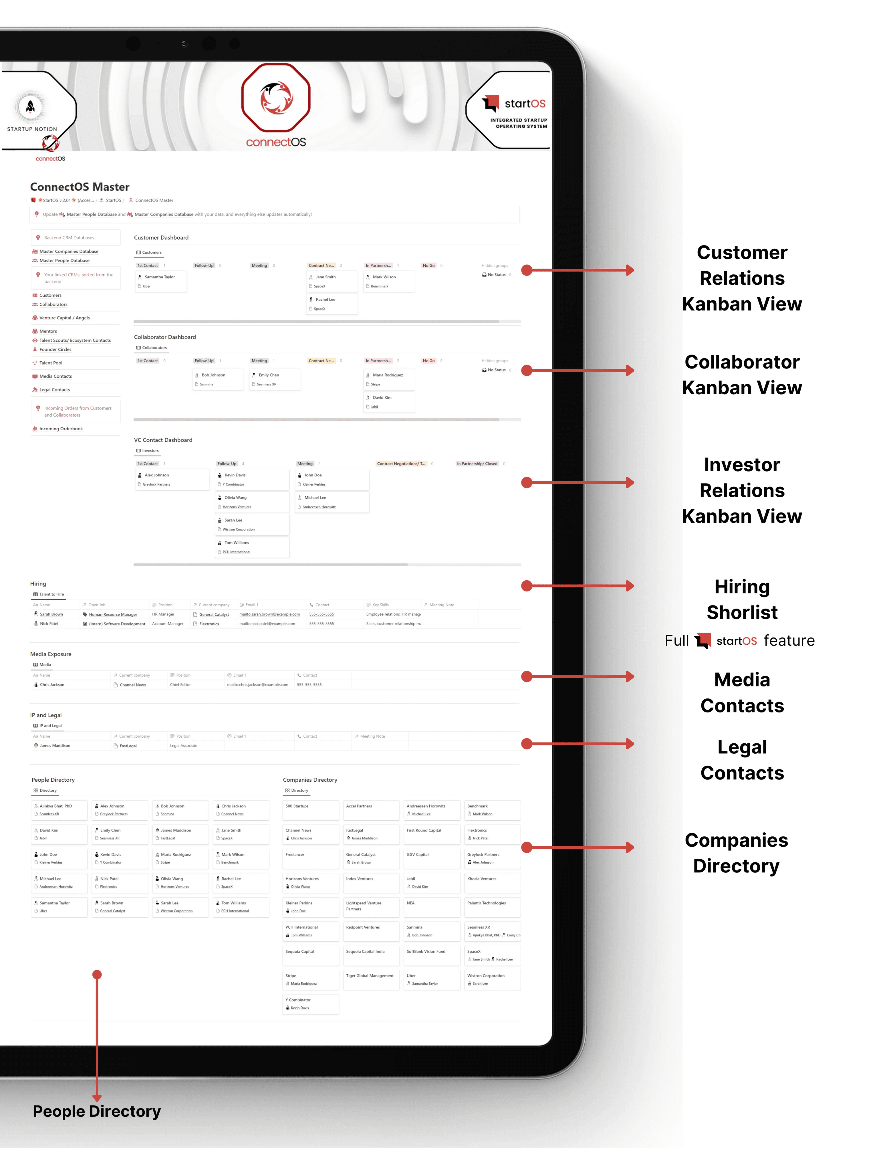 ConnectOS- Notion CRM with people and company databases and filter for customers, collaborators, investors, potential hires, mentors and more. Integrates into other StartOS modules like FinanceOS, TeamOS and SalesOS.
