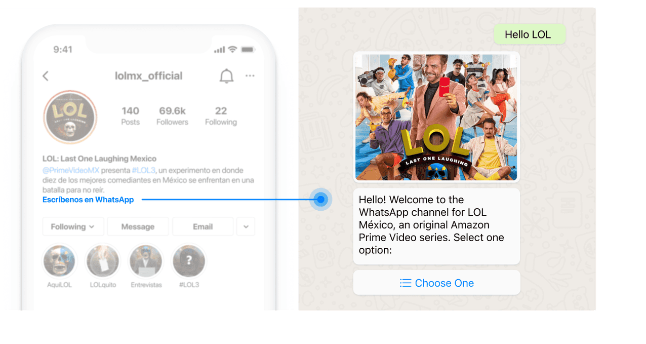 Personalized WhatsApp channel for LOL, promoting the Amazon Prime Video series.