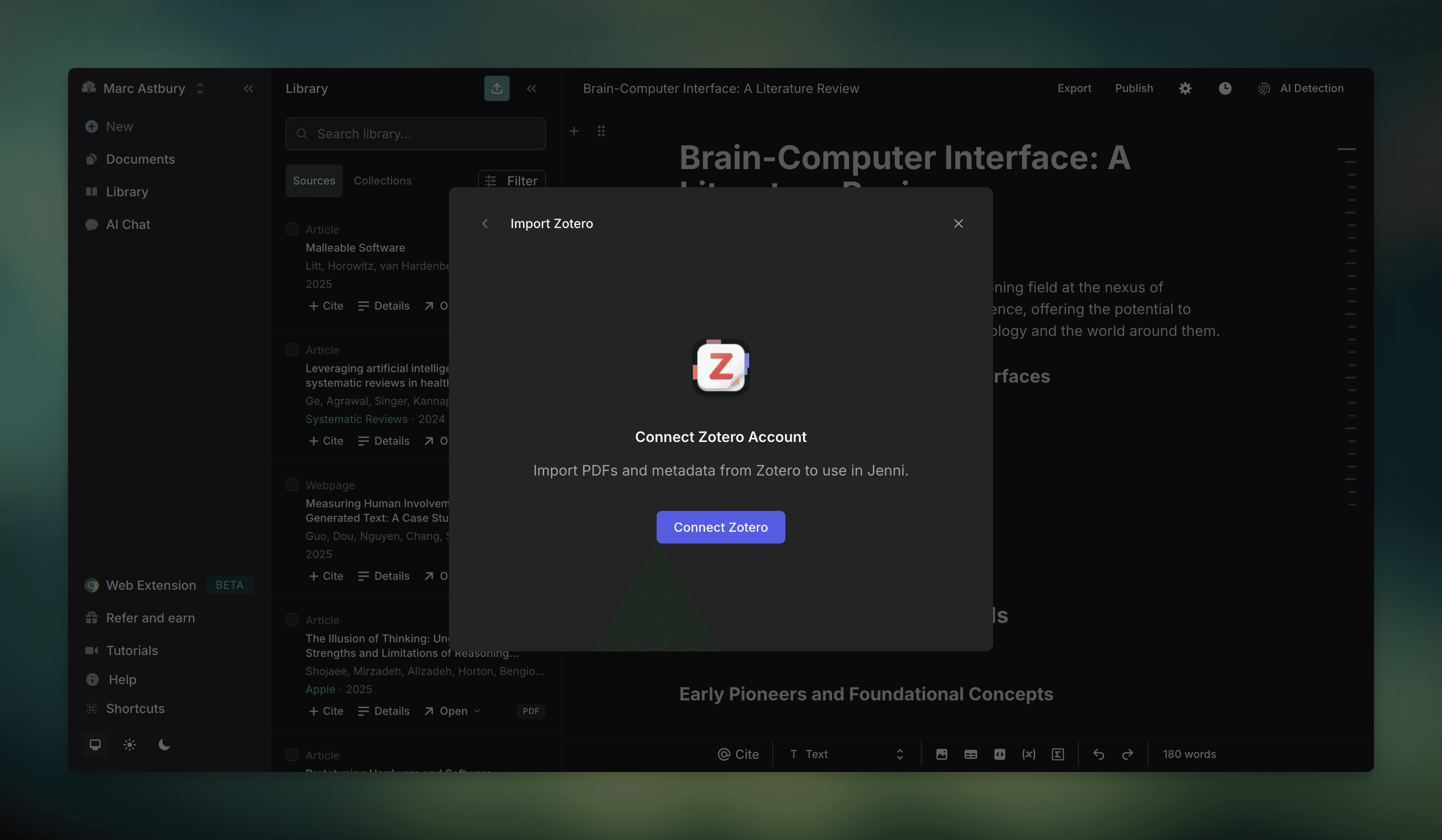 import to jenni ai from zotero