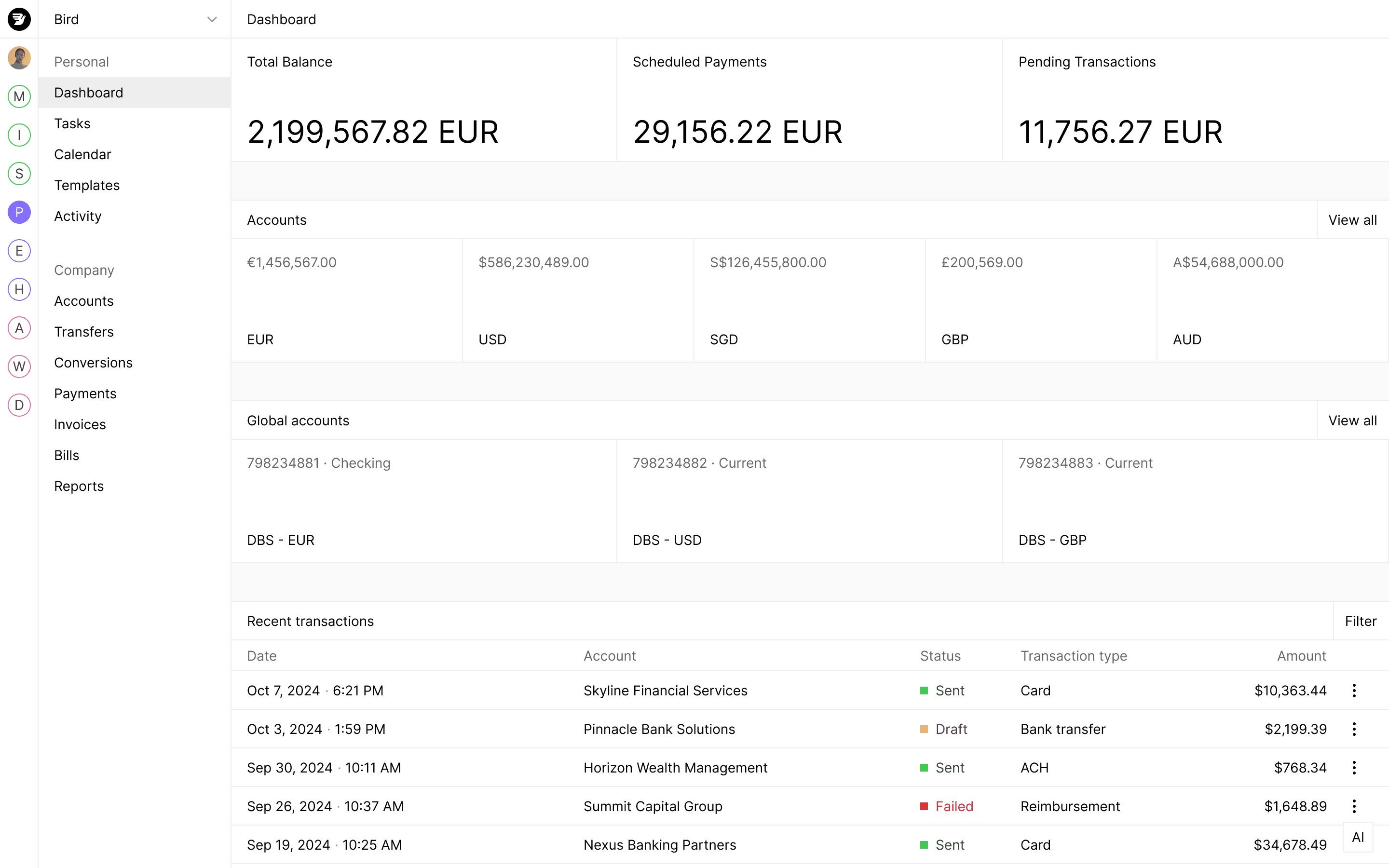 Interfaccia della dashboard finanziaria che visualizza saldi dei conti, conversioni di valuta e cronologia delle transazioni recenti