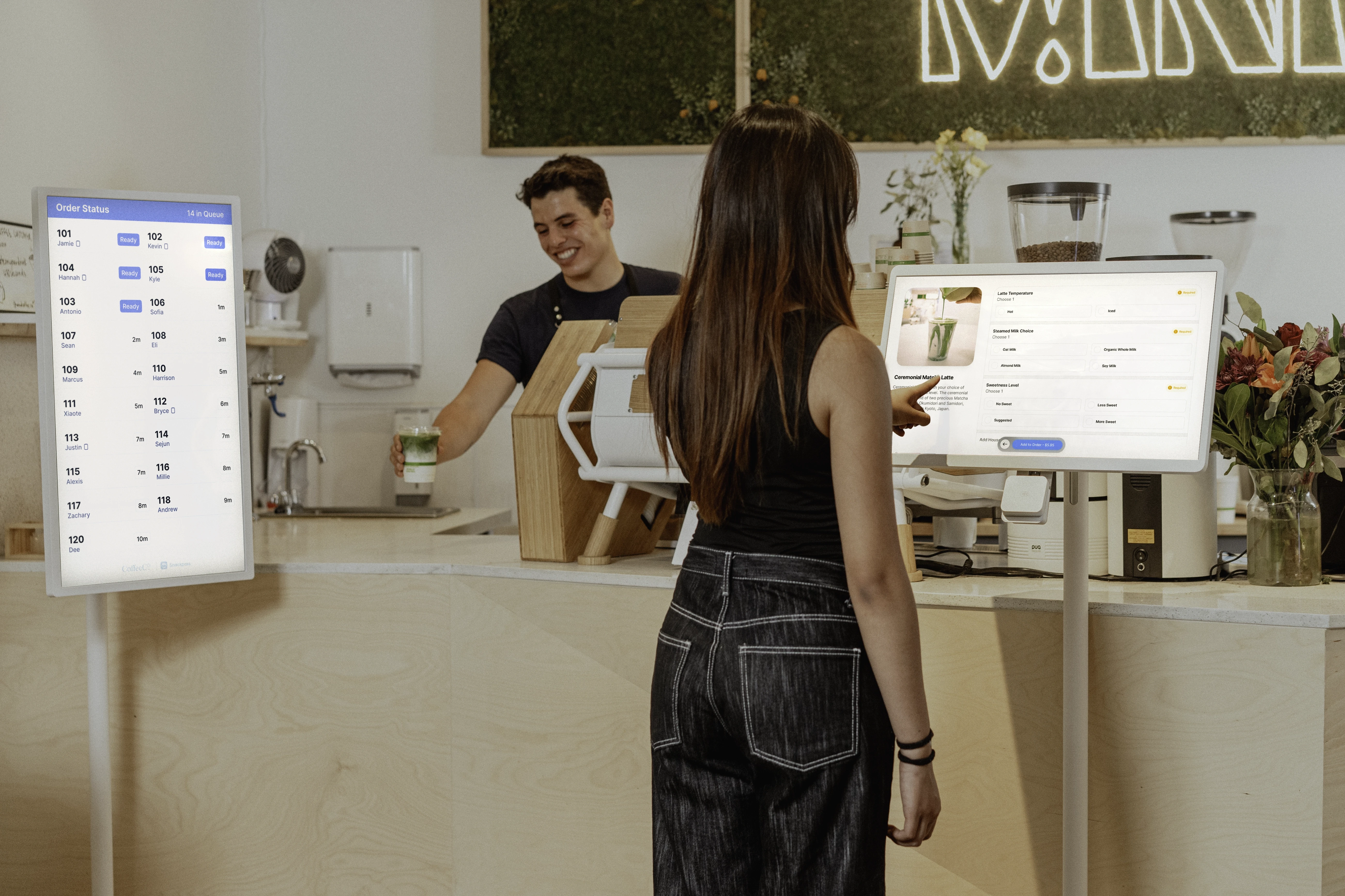 quick serve restaurant with kiosk and pickup screen