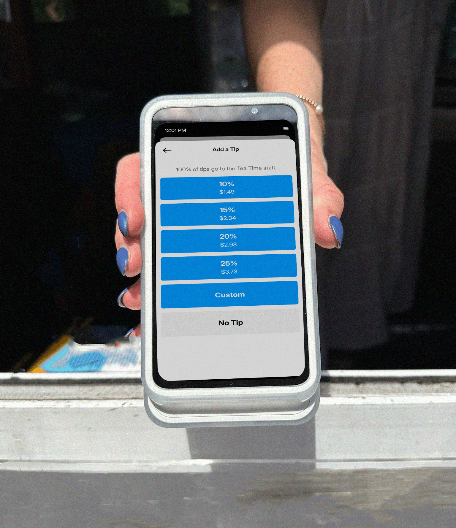 Handheld point of sale for restaurants with customer tip screen