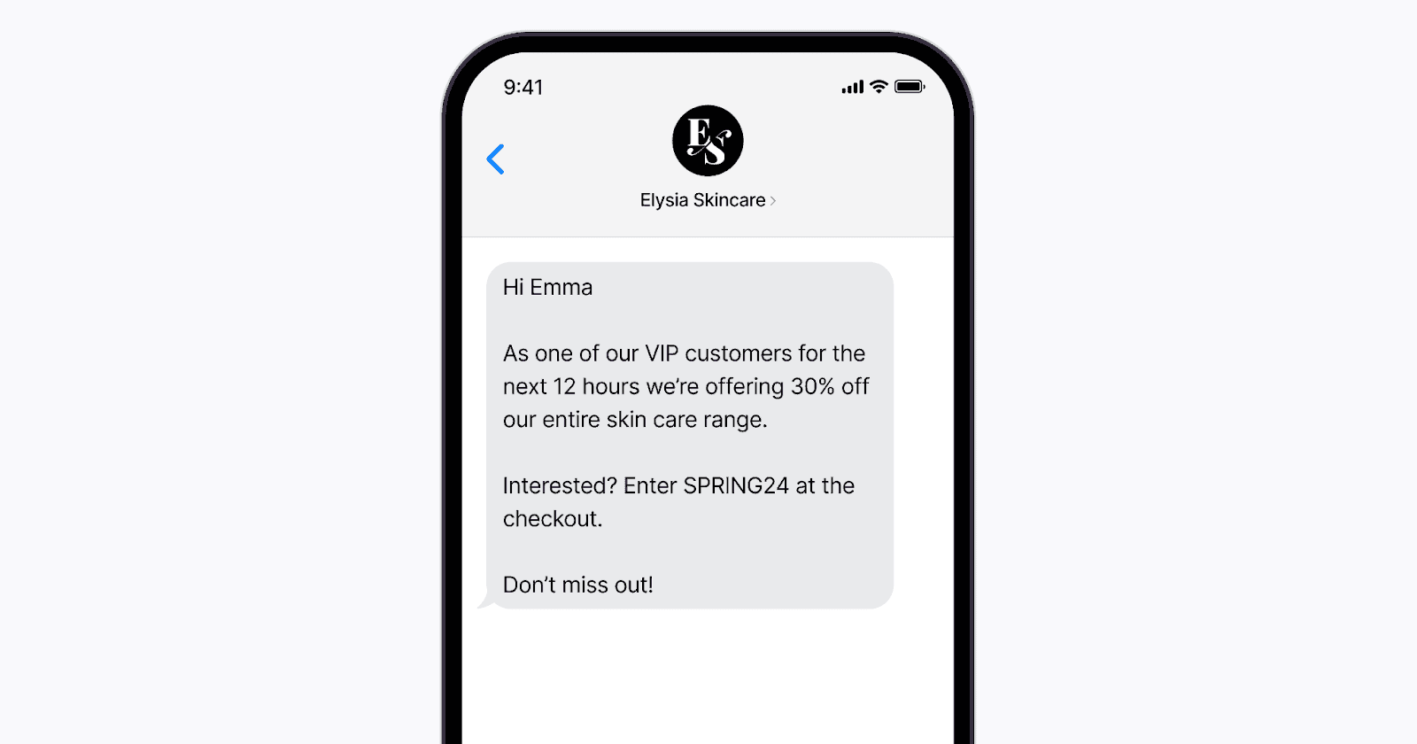 Text message offering a 30% discount on their entire skincare range for VIP customers.